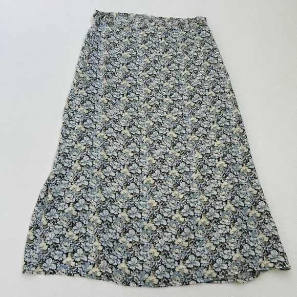 H&M Floral Midi Skirt Women’s 8 Blue Yellow White Print Side Slit Lightweight - Picture 2 of 7